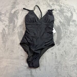 Charmo One Piece Swimsuit Womens Small Black Ruched Monokini Halter UPF 50+ New